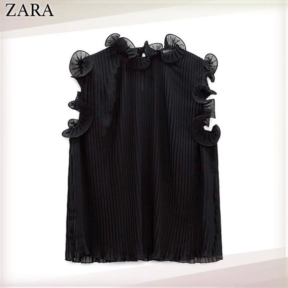 Zara Black Pleated Sleeveless Top W/ Statement Ruffles Sleeveless XS - Picture 1 of 7